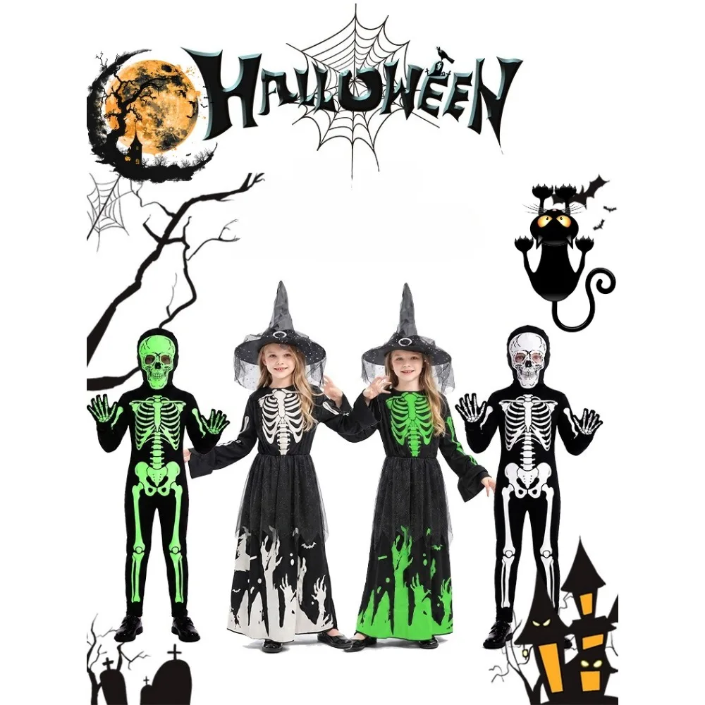 2026 New Halloween Costume Luminous Skull Skeleton and Witch Skirt Cosplay Costume Carnival Stage Performance Costume