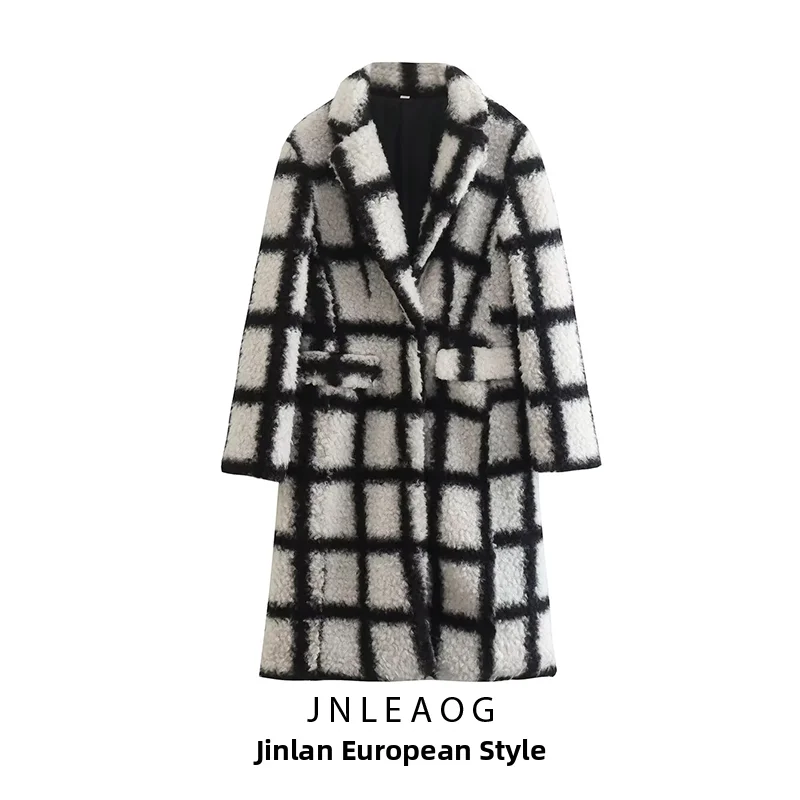 JNLEAOG Women's Comfortable Plaid Long Coat Autumn New Style Fluffy Outerwear Polyester Fiber Long Sleeve Double Breasted