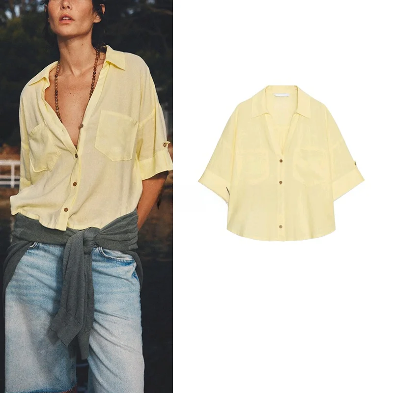 

Summer New Women's mat Sle Patch ket Linen Blend ort Collar Casual irt Commute Sle Loose Fit UV Protection