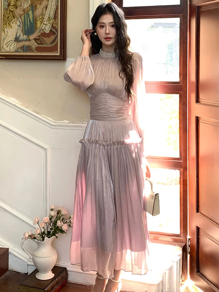 ชุดเดรสยาวสไตล์ฝรั่งเศสสำหรับงานพิธีการ ผู้หญิง เสื้อผ้าวินเทจ หรูหรา ประดับมุก จีบระบาย ชุดราตรีงานเลี้ยงวันเกิด งานพรอม