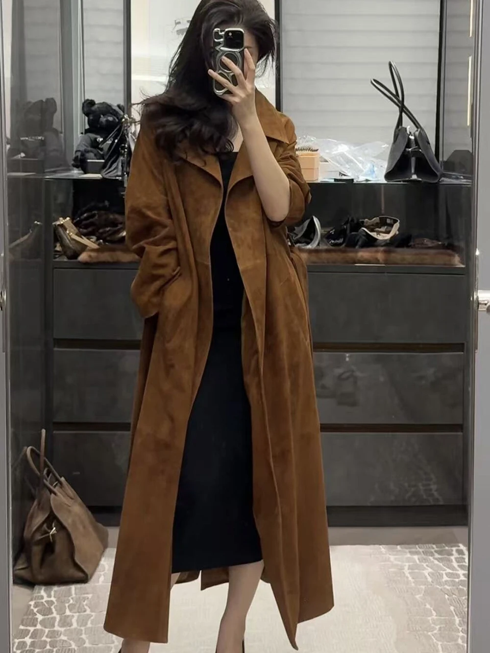Italian Imported Goatskin Suede Long Trench Coat for Women Classic Drop Shoulder Suit Collar Belt Slim Real Leather Maxi Trench