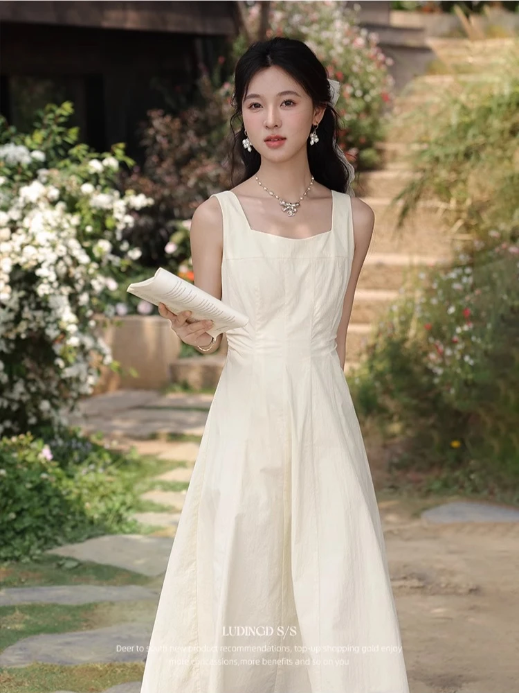 

ALXNAN Plus Size Women's Long Dress Cream Yellow Elegant Holiday Sleeveless Dress 2025 Summer Casual Party Female Clothes D10317