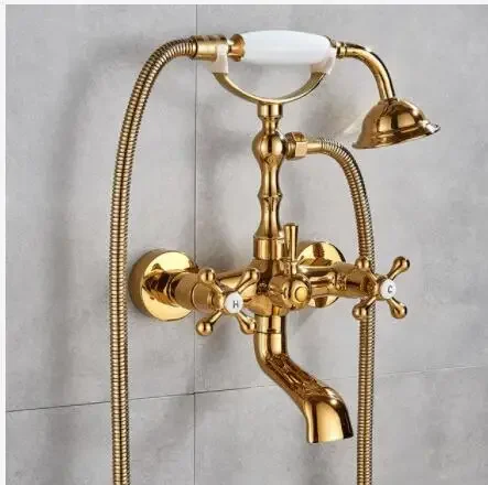 

Vidric Antique Brass Golden Bathtub Shower Faucets Set Dual Knobs Mixer Tap Wall Mounted Bath Shower Set Swivel Tub Spout Bath