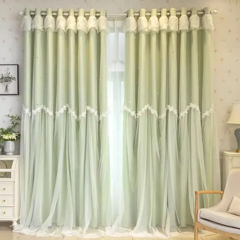 2pcs French Luxury Curtains Princess Style Girls Bedroom Double Layer Cloth Yarn Shading Living Room Window Curtain Decoration