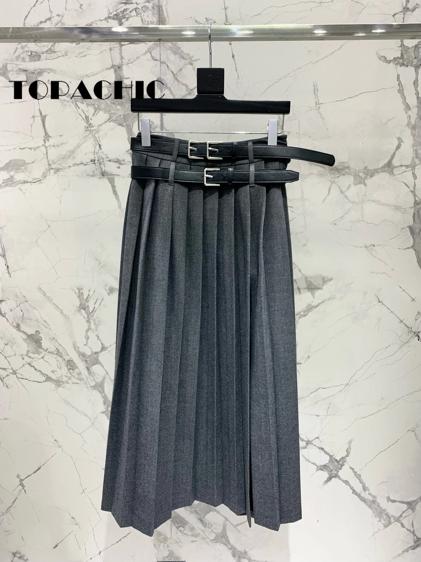 8.6 TOPACHIC Women Temperament All-matches Double Buckle Sashes Design Long Pleated Skirt Solid Casual Party Short Skirt