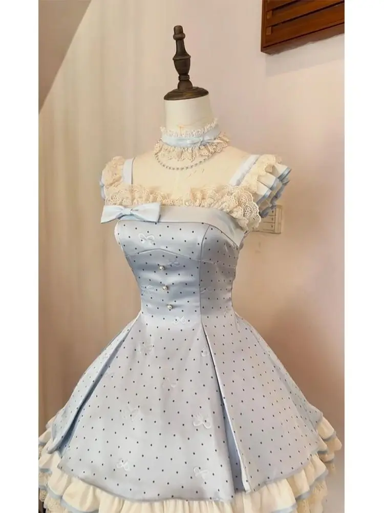 Female Lace Chic Korean Popular Clothes Summer Japanese Sweet Lolita Dress Women Preppy Style Polka Dot Design Harajuku Dress