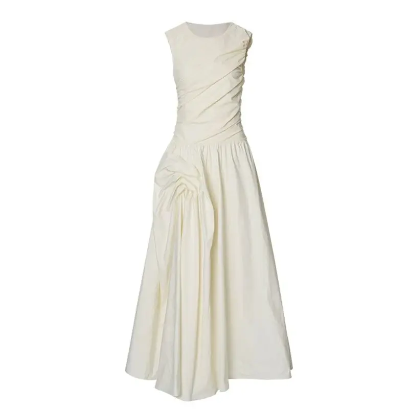 E Vestido Blanco sin Mangas con Corte en A, Diseño Sensacional 2024, Falda Larga de Cintura Alta, Fibra de Poliéster, ...