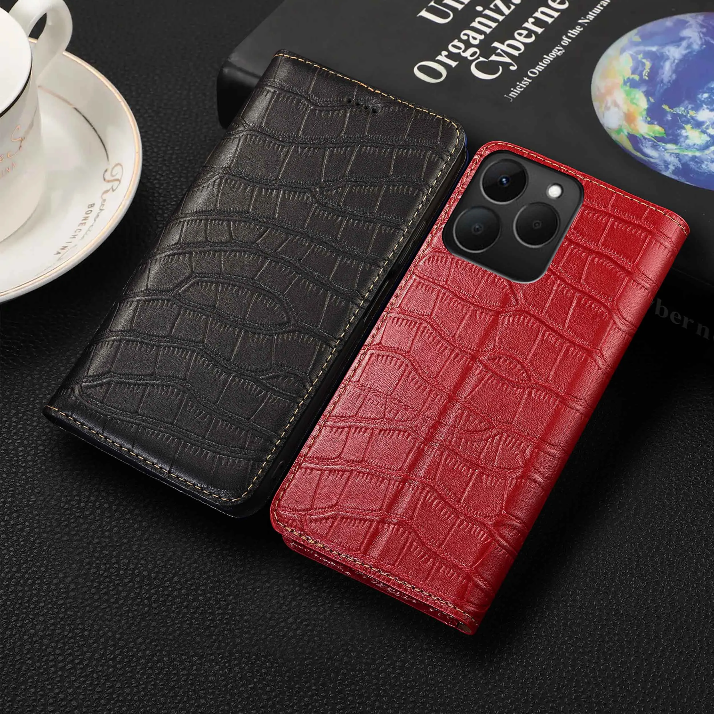 

For Realme 11 12 13 14 14T 15 4G 5G Pro Plus Crocodile Belly Pattern Genuine Leather Flip Phone Cover Case Cowhide Scratch-Proof