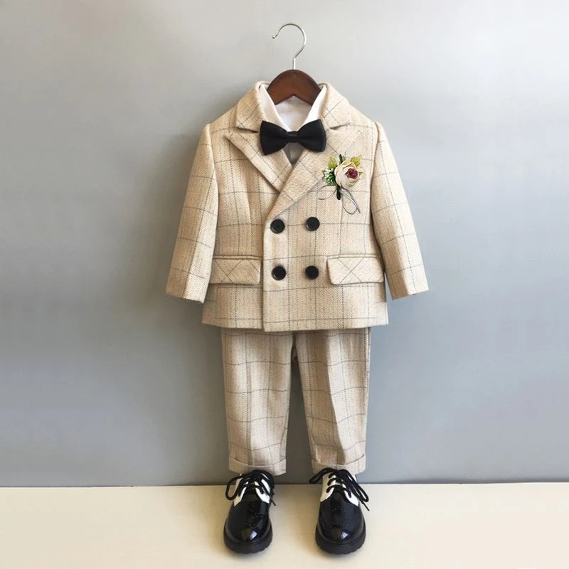 Boys British Style Suit Set Fleece Thickened Blazer Pants Formal Tuxedo Outfit for Kids Flower Boy Wedding Party
