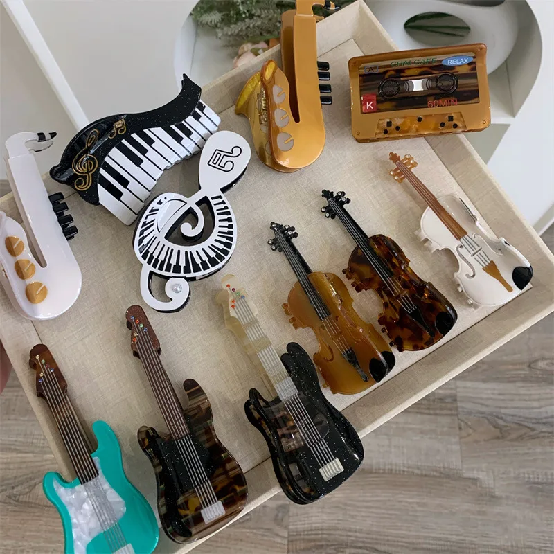 

Music Family Clip Collection Cartoon Video Piano Violin Hair Claw Saxophone Notation Acetate Splicing Hair Clips for Girls