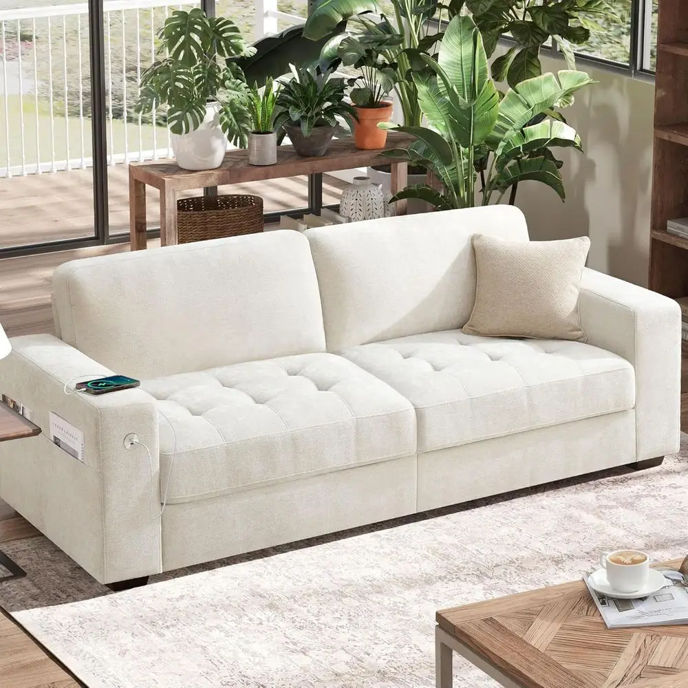 Modern Chenille Sofa 89, Comfortable Medium Firm Cushion, Removable Cover, Wide Armrests, USB/Type-C Ports, Ideal for Small Spac