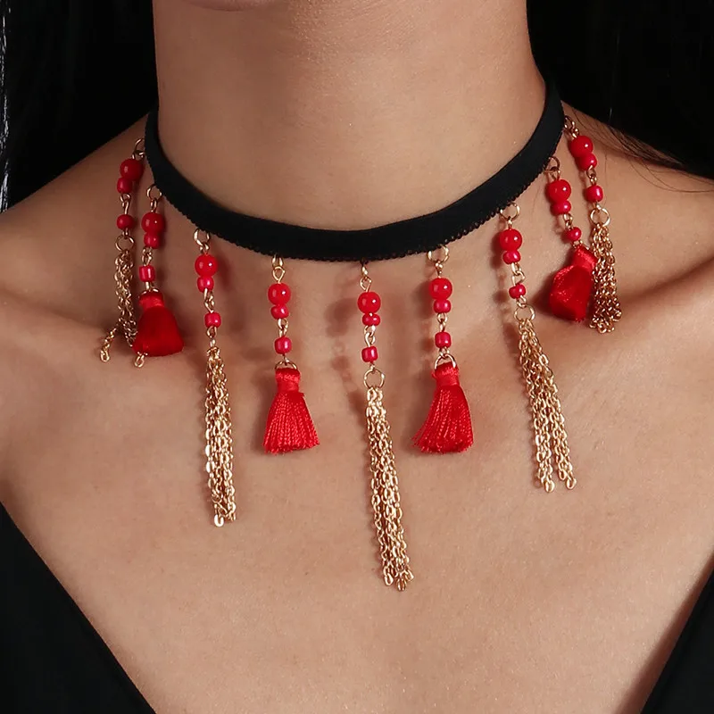 Aihua Gotische Viktorianische Schwarz-Rote Spitzen-Halskette für Damen und Mädchen, Boho Kristall-Quasten Sexy Spitzen-Choker, Steampunk Dark Loli Stil Schmuck – Detail 2