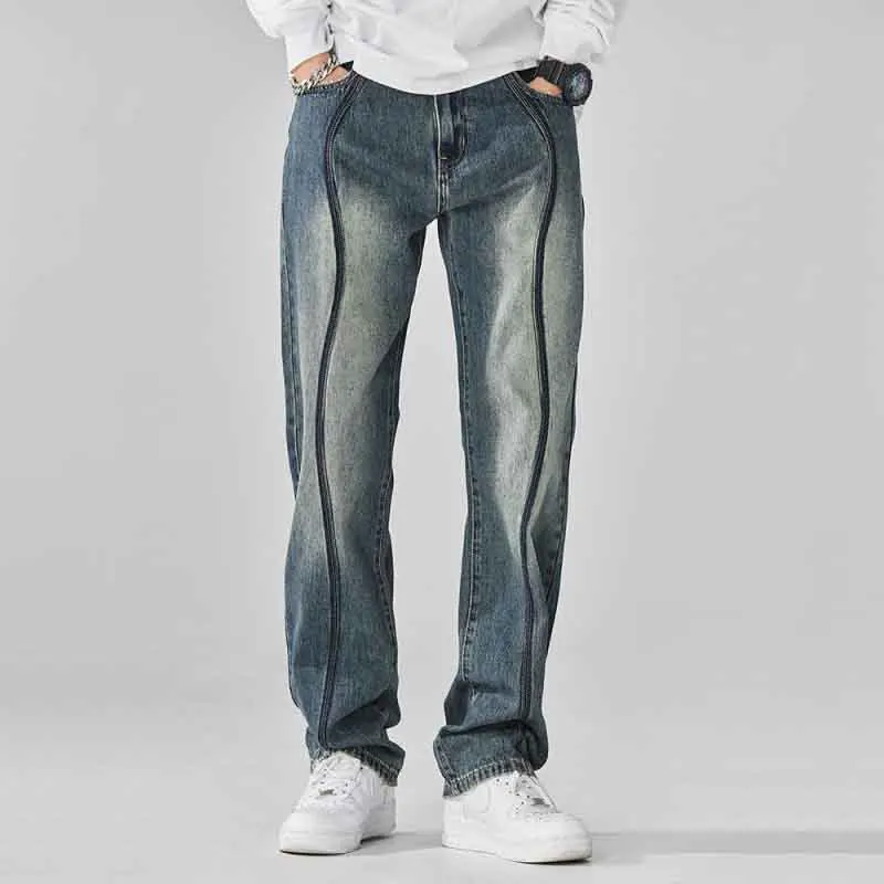 

Vintage American Style High Street Summer Jeans Men Pocket Zippers Distressed Trend Versatile Straight Wide Leg Denim Trousers