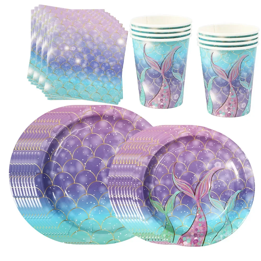 Décorations d'anniversaire sirène, assiettes en papier jetables, gobelets, serviettes, pailles, cadeaux pour fête de bébé fille, fournitures pour fête d'enfants