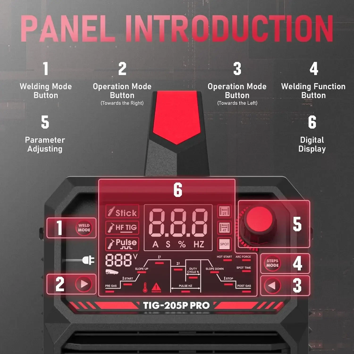 Ampio display LED da 205 A, STICK/DC TIG/PULSE TIG 3 in 1, saldatrice TIG a doppia tensione 110 e 220 V TIG-205P