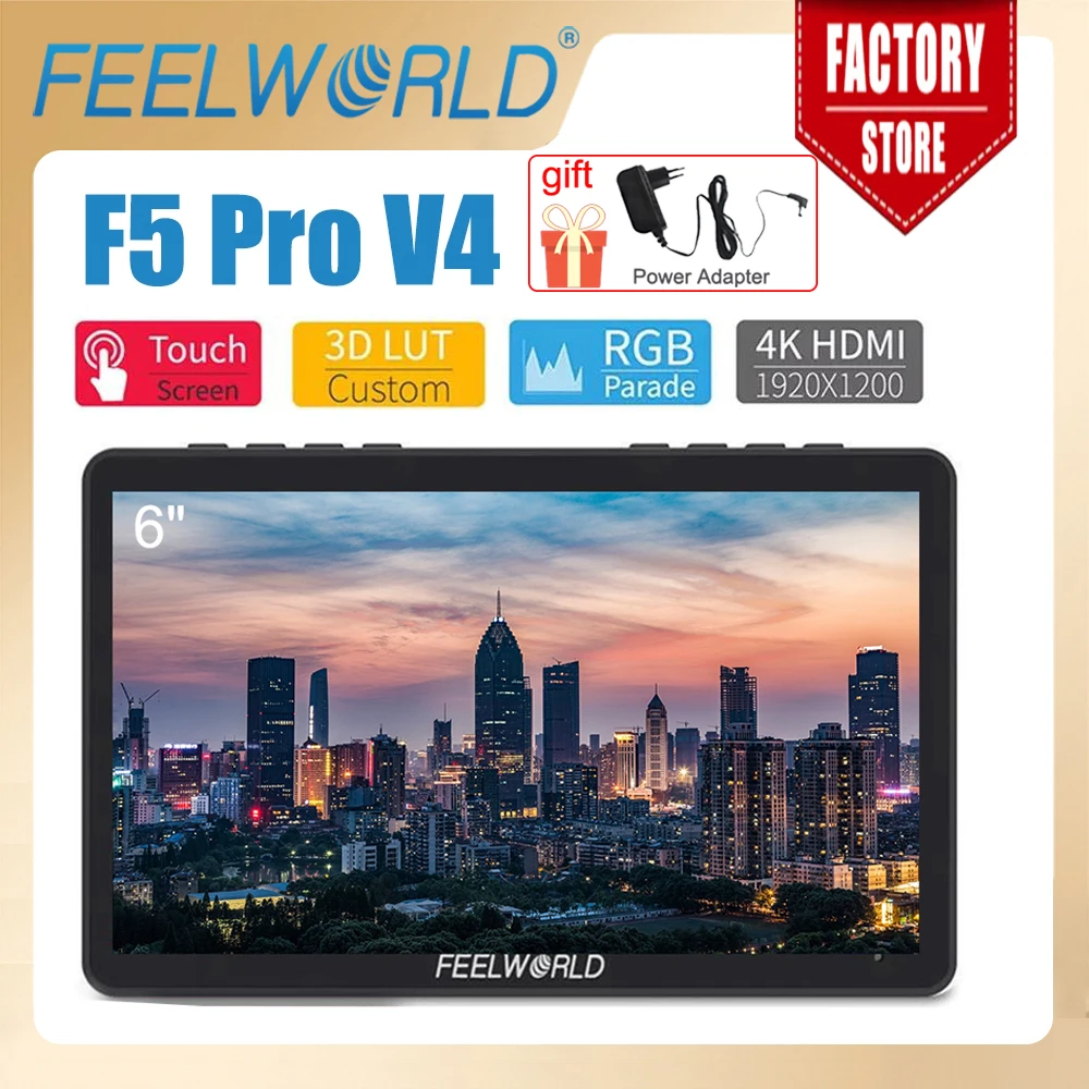 

FEELWORLD 6 Inch F5 Pro V4 Touch Screen DSLR Camera Field Monitor 3D LUT 4K HDMI Input Output Tilt Arm Power Output F970 Install