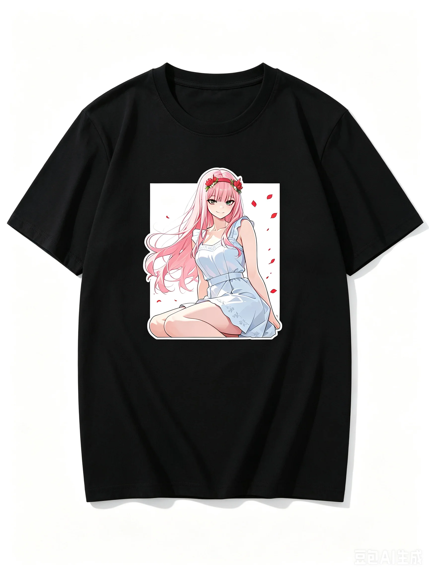 2026 New Unisex Crew Neck Casual Short Sleeve T-Shirt With Flower Wreath Dress Zero Two Kneeling Cutout Anime Print T-Shirt