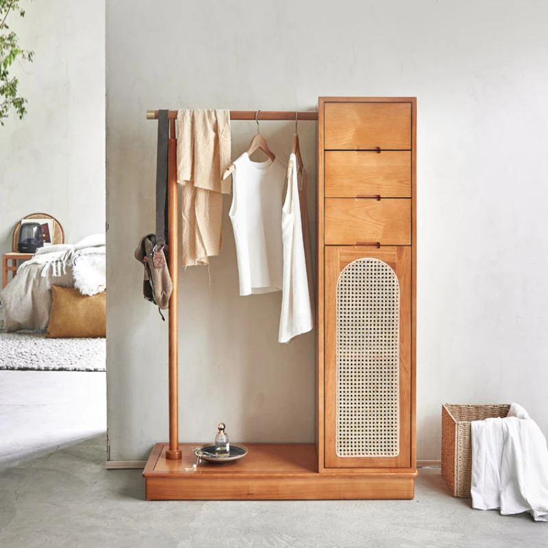 Solid wood coat rack cabinet, multi-functional rattan woven floor mounted hanger for homestay household use