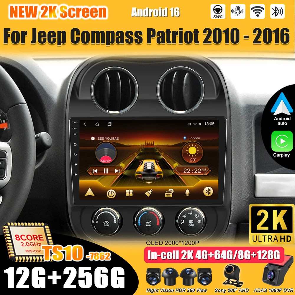 Radio para Auto Android 16, Reproductor Multimedia de Video 2 DIN, Carplay, 8 Núcleos, 5G, para Jeep Compass Patriot 2010 2011 2012 2013 2014 2015 2016