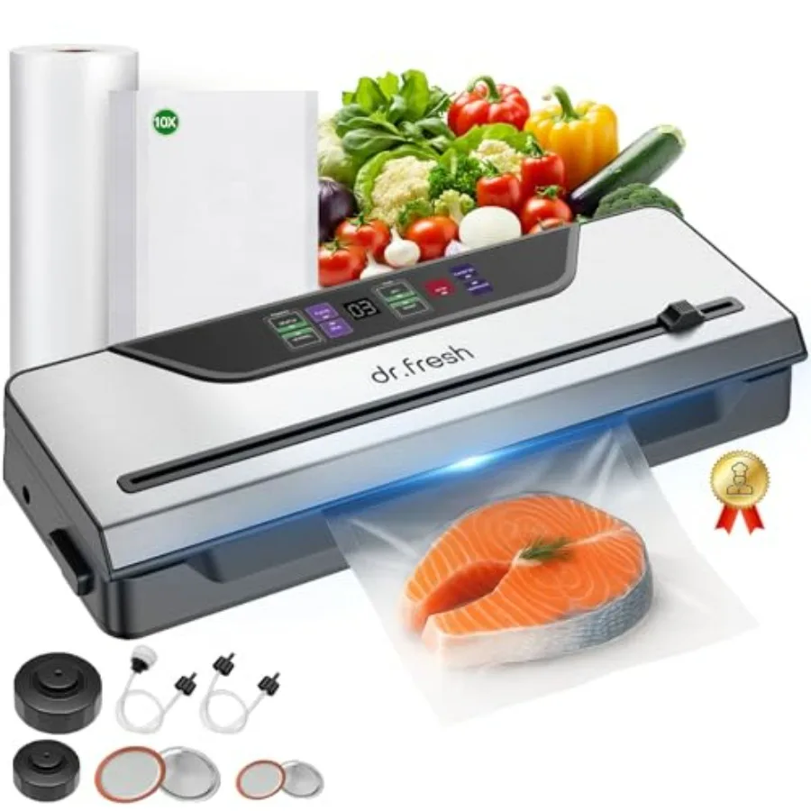 90Kpa Vacuum Sealer for Food Storage in Kitchen 10in1 Food Vacuum Sealer Machine with Mason Jar Kits Builtin Cutter Digital Tim