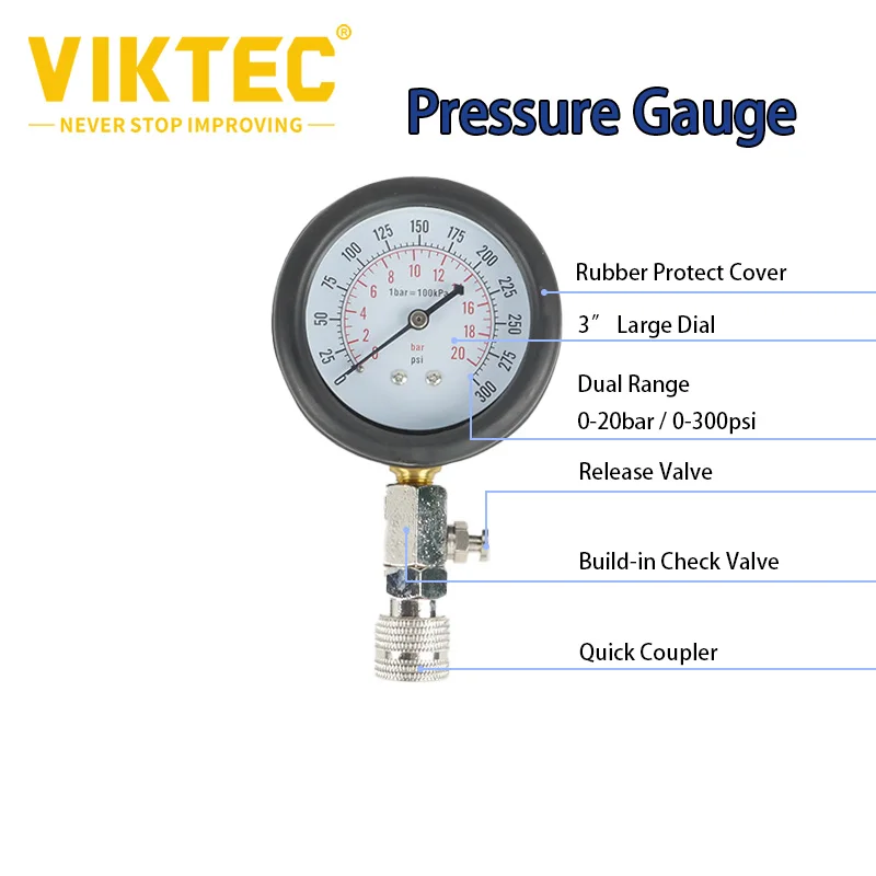 0-300PSI Engine Compression Tester Kit, 9pcs Engine Cylinder Pressure Gauge for Petrol Gas Engine for Petrol Gas Engine VT01053B