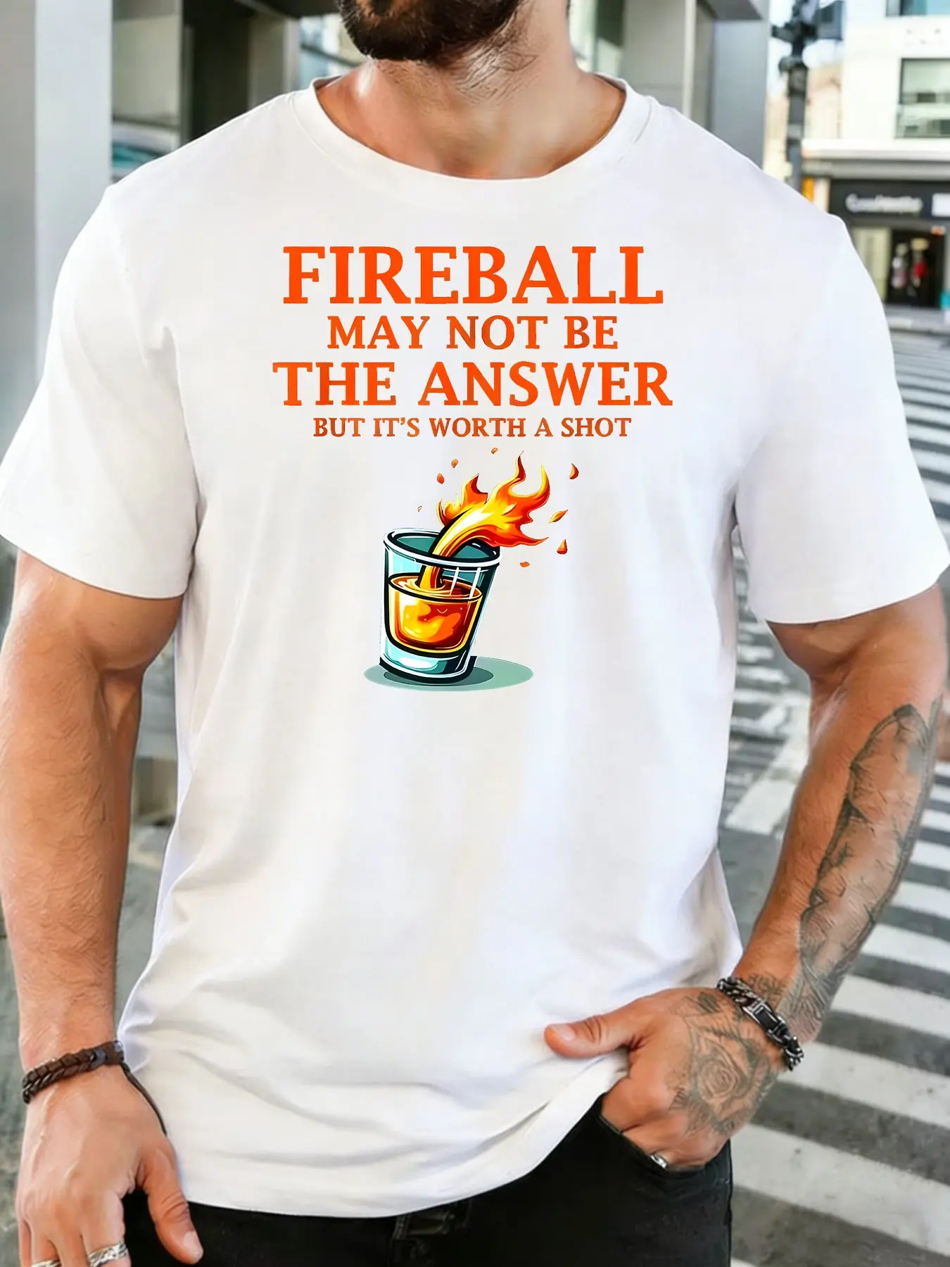 Male Bright Blue Round Neck T Shirt Orange Fireball Quote Flaming Shot Cup Print Humorous Alcohol Drinking Fan Daily Cotton Tee