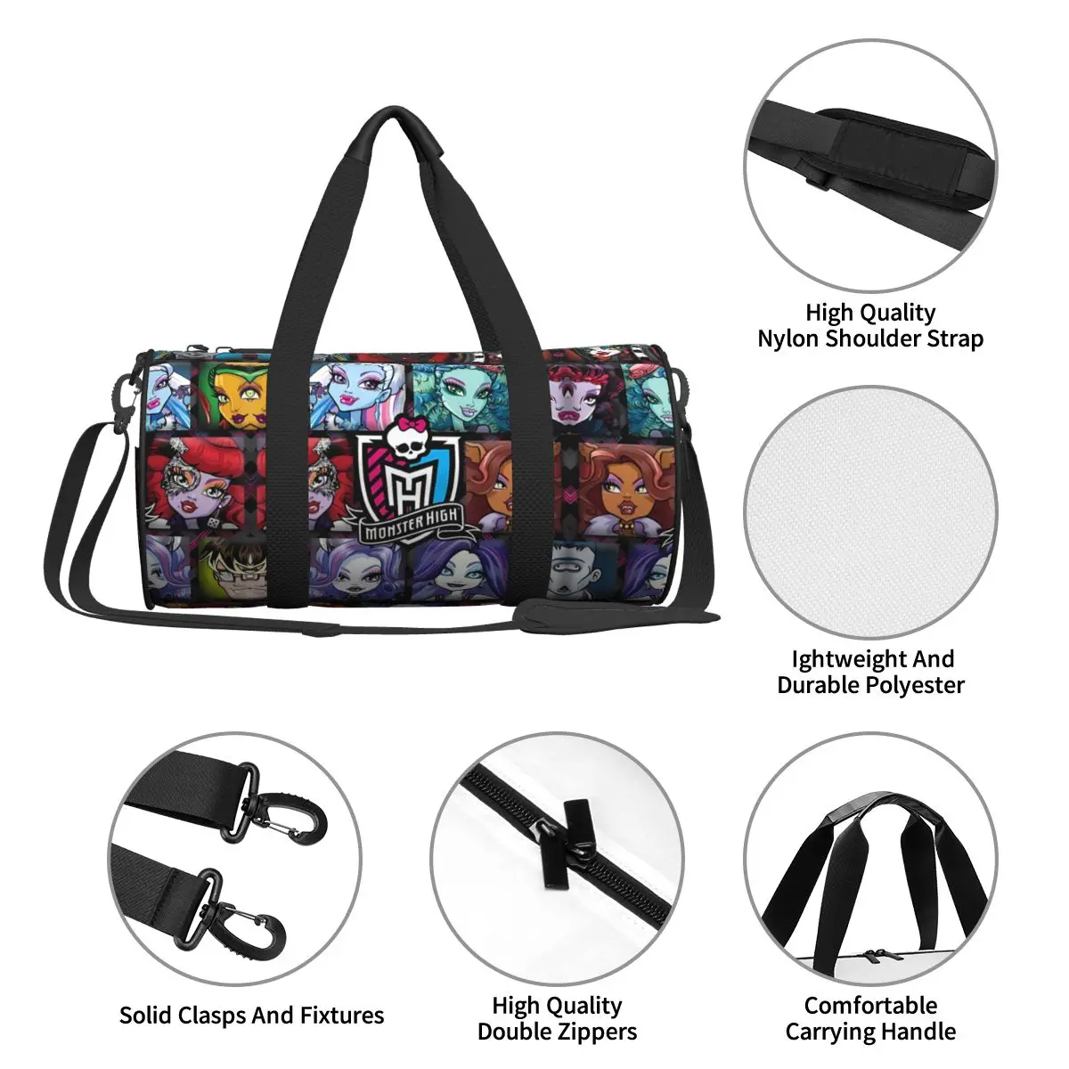 Monster High Sport Bags Cartoon Cool Anime with Shoes Gym Bag Outdoor Men Women Pattern Handbag Travel Retro Fitness Bag