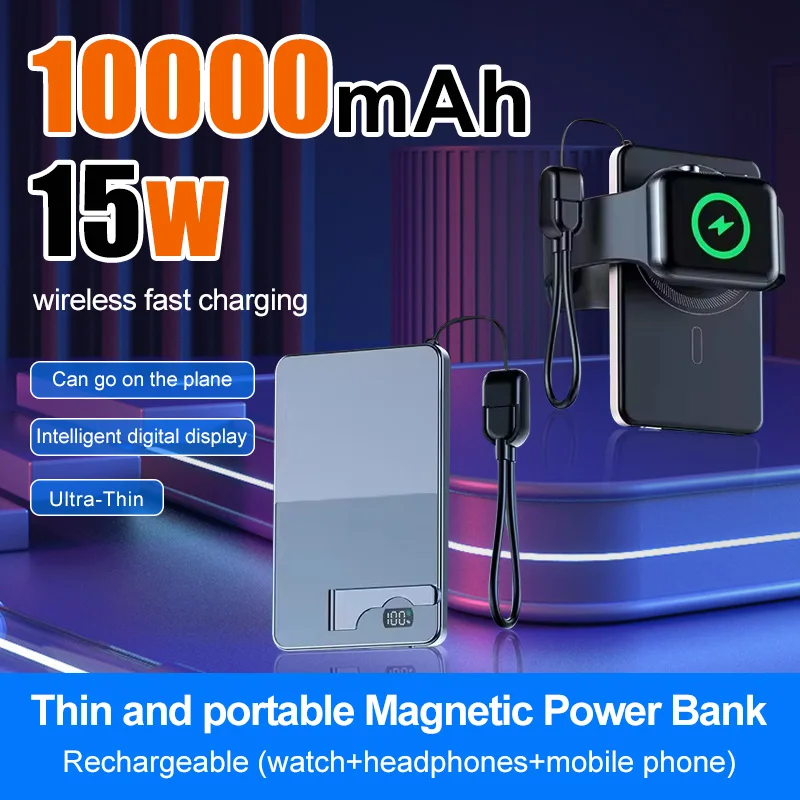 

10000mAh Ultra-Thin MagSafe Magnetic Power Bank,Compatible with Wireless Fast Charging With Stand for iPhone and Samsung Watch