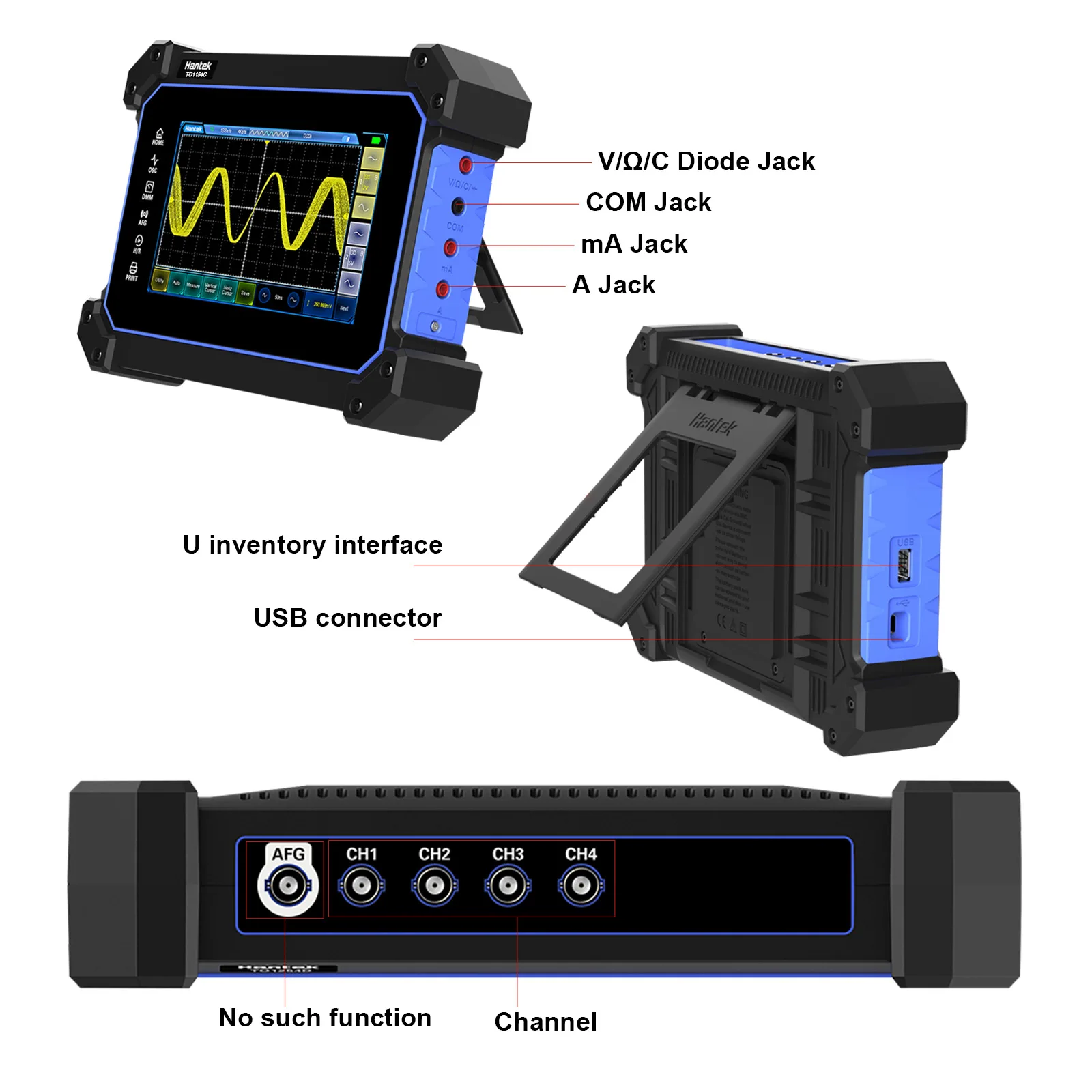 Hantek Tablet z ekranem dotykowym oscyloskop 4 kanały 250MHZ 1GSa/S oscyloskop cyfrowy + multimetr 2 w 1 oscyloskop typu C + 8M