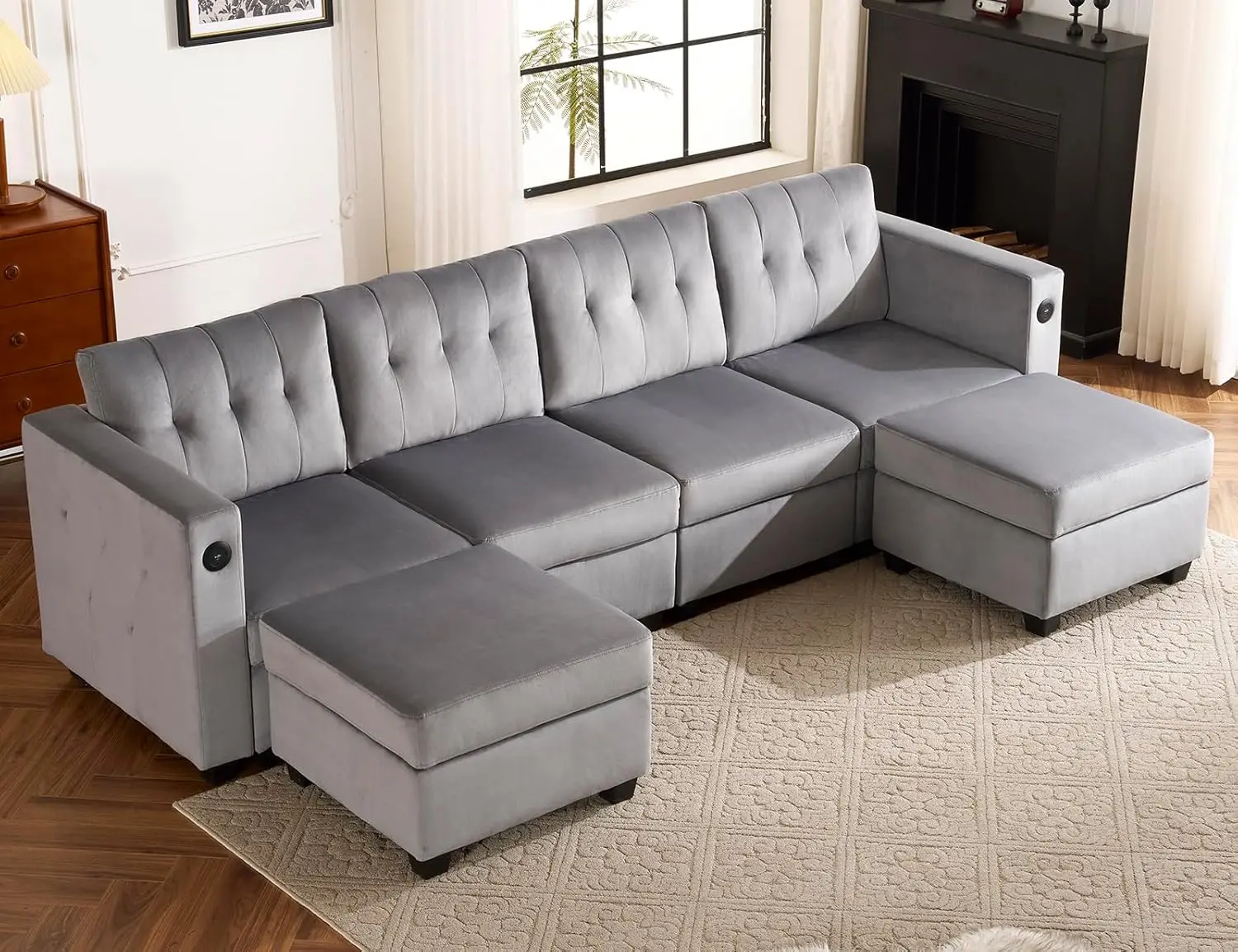 

6 Seat Modular Sectional Sofa with Storage & USB Ports, 108" Velvet Couches for Living Room, U Shaped Sofa Bed Couch