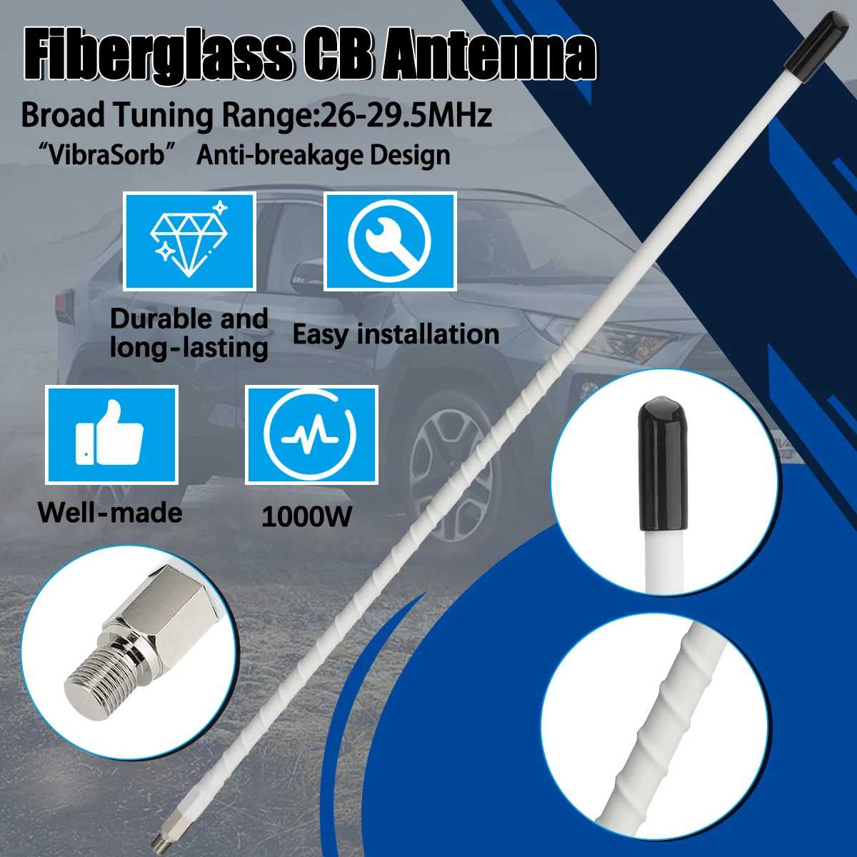 

ABBREE Fiberglass 1000W CB Antenna 27MHz strong signal broad tuning range Compatible With Cobra Midland Uniden Maxon Radio