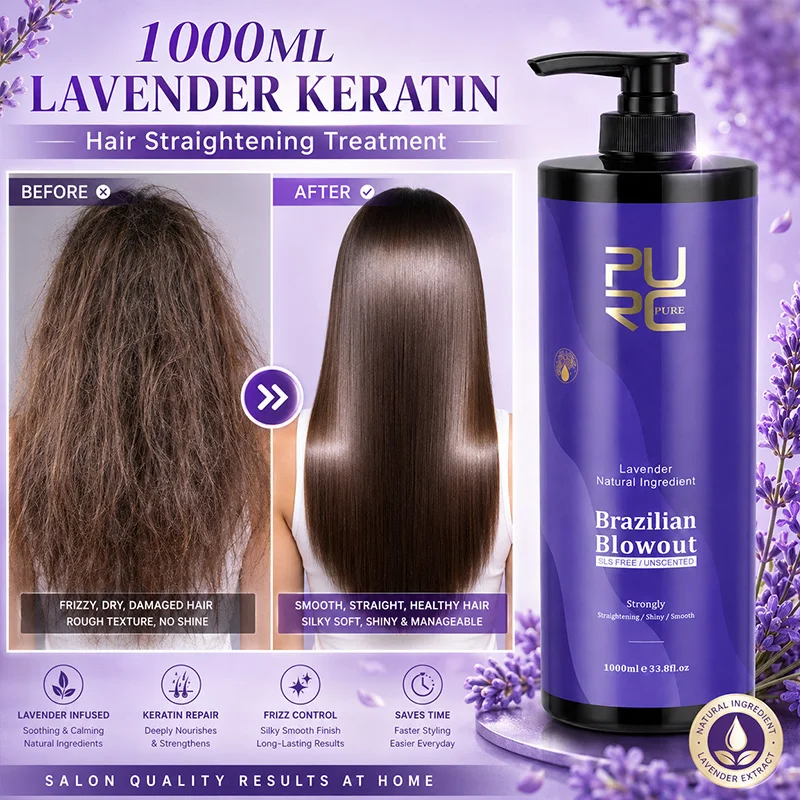 Tratamiento Capilar de Keratina Brasileña PURC Lavender 12% para Alisar el Cabello Rizado, Reparar el Cabello Dañado y el Frizz