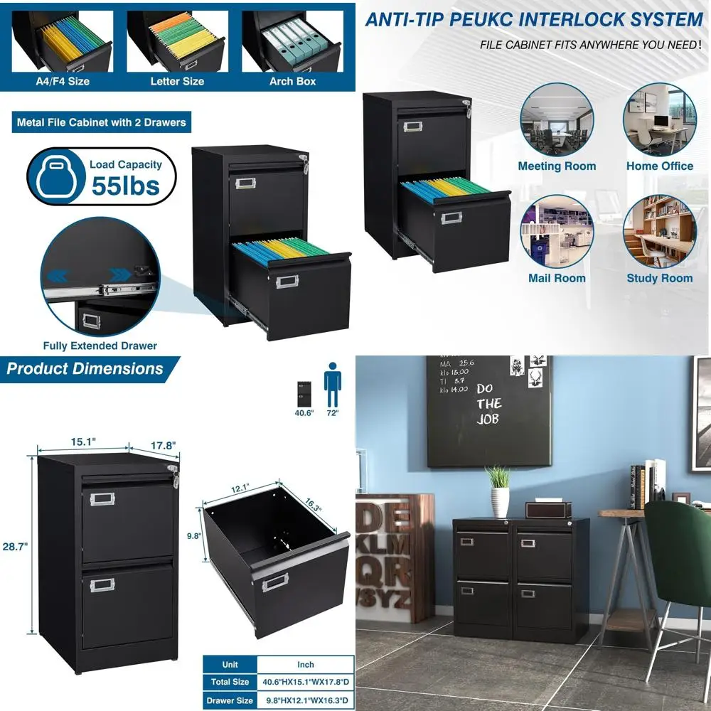 

Black 2-Drawer Metal File Cabinet, 16.3 Deep, Lockable, Anti-Tip, Fits Letter/Legal/A4/F4 for Home Office