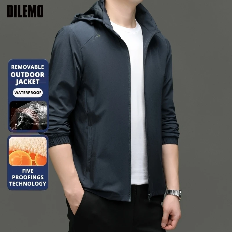 

High End Anti Fouling Hooded Stand Collar Sport Detachable Cap Autumn Men Outdoor Jacket Windbreaker Coats Windproof Outwear