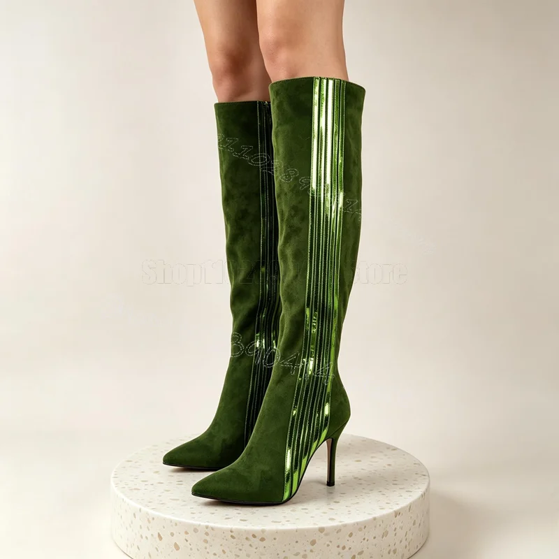 Green Stripe Design Suede Pointed Toe Boots Side Zipper Women Shoes Thin High Heels Party Feast Dating 2026 Zapatos Para Mujere