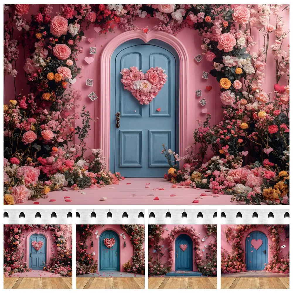 Valentine's Day Photography Backdrop Flowers Vintage Wood Door Rose Love Heart Sweet Couple Portrait Photo Background Photobooth