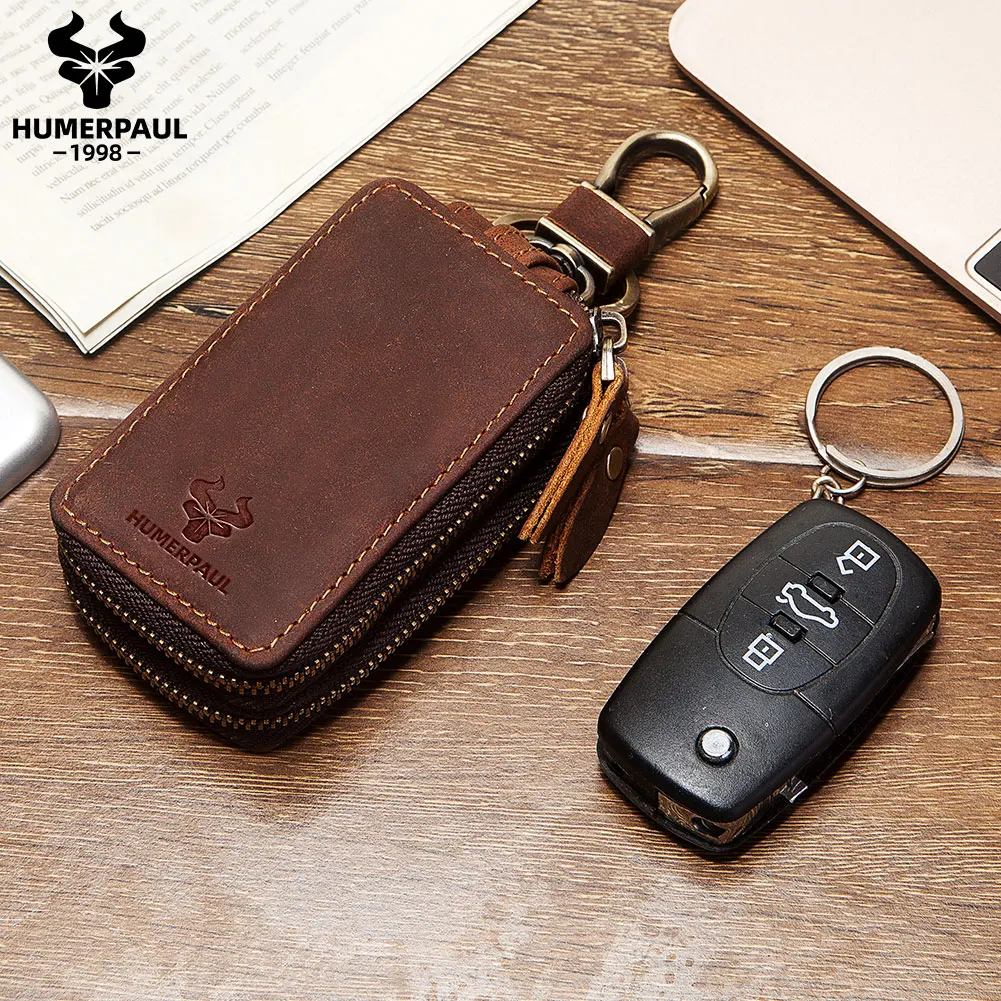 HUMERPAUL Genuine Leather Men's Key Wallet Double-Layer Key Case Secure Waist Hanging Housekeeper Keys Storage Coin Pouch