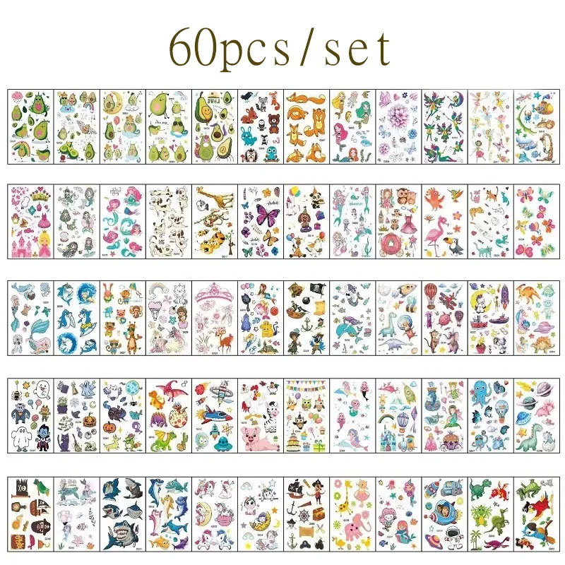 60PCS Temporary Tattoo Sticker for Children Waterproof Tattoos for Kids Festival Glitters Face Girls Boy Child Mini Fake Tattoo