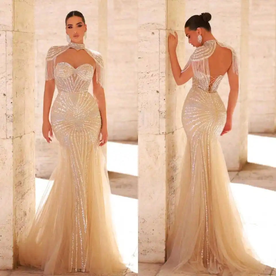

Exquisite Sequins Mermaid Evening Dresses Sweetheart Neck Sleeveless Prom Gowns Tassel Sweep Train Dresses Custom Made
