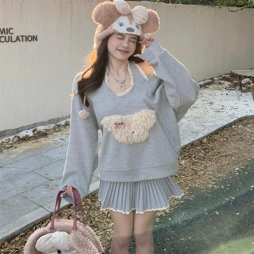 Korea Spring Autumn Kawaii Lolita Sweaters Women Cute Cartoon Sheep Embroidery V-Neck Knitted Pullovers Coat Loose Knitwear Tops