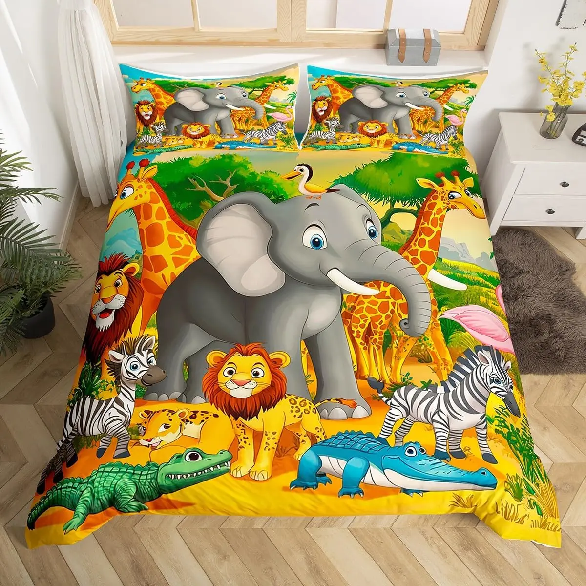 Funny Cartoon Animal Duvet Cover Safari Animal Comforter Cover Zoo Theme Jungle Bedding Set Giraffe Snake Hippo Bedspreads Cover