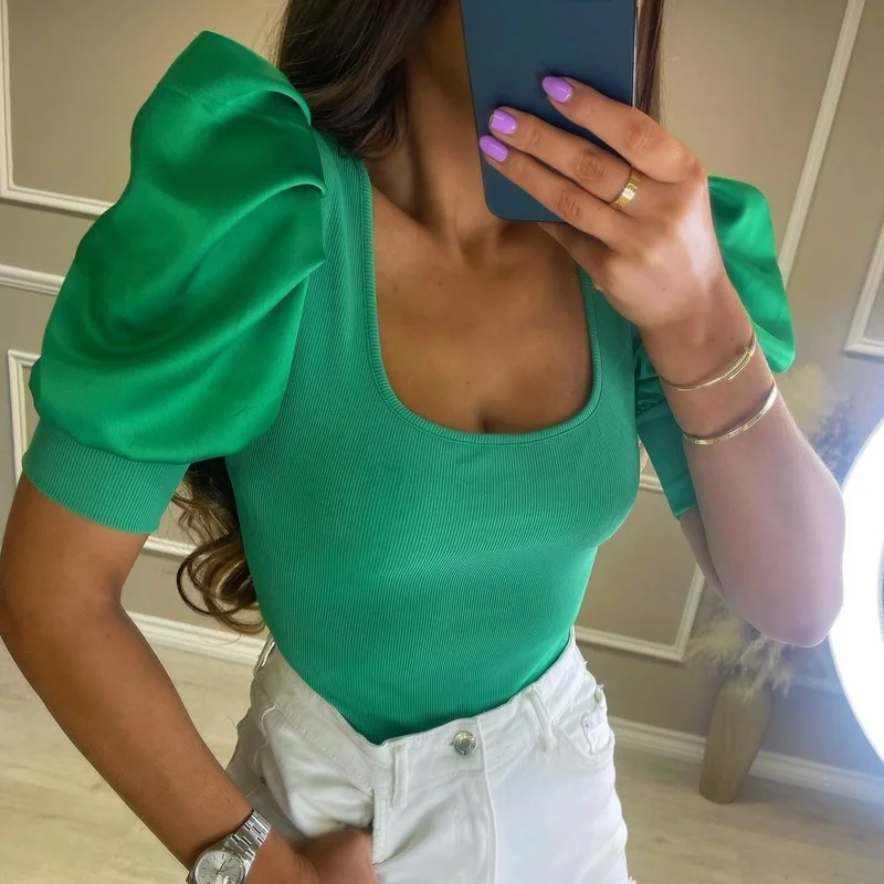 

MosiMolly 2022 Summer Tops Tshirt Puff Sleeve U neck Bodycon Shirt Tops Female Blouses Blusas