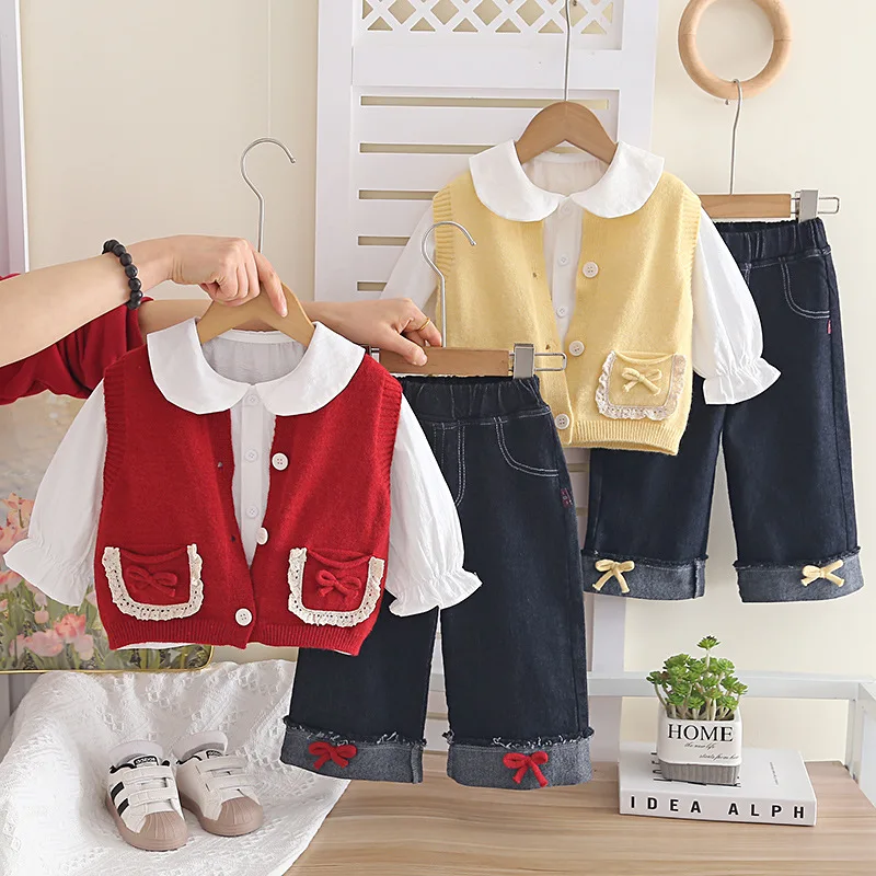 CNUM Spring New Girls' Cardigan Sweater Long Sleeve Three-Piece Set Baby Girl Casual Denim Pants Trendy Outfit Clothing Suits