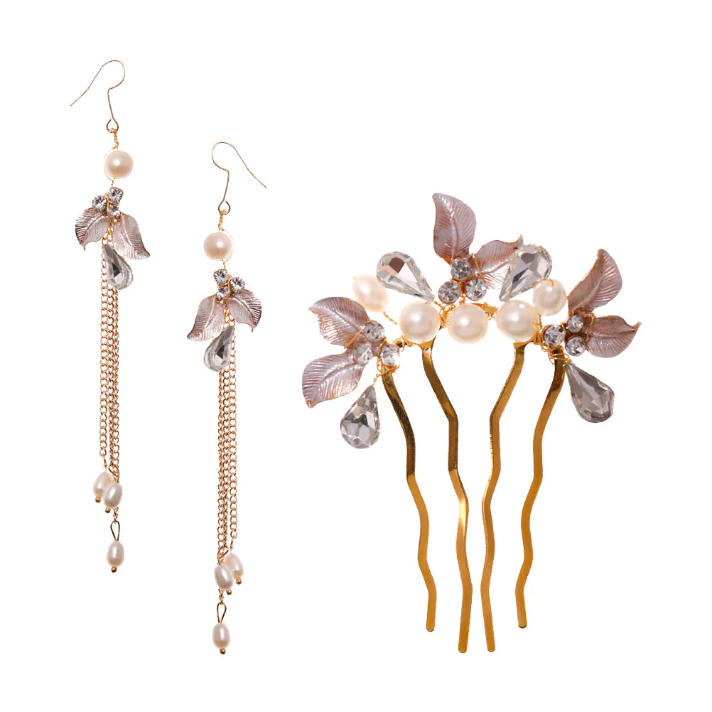 

3pcs Comb Earring Set Women Bride Pearl Golden Rhinestones Bridal Accessories Delicate Leaf Hold Hair Tightly Without Pulling