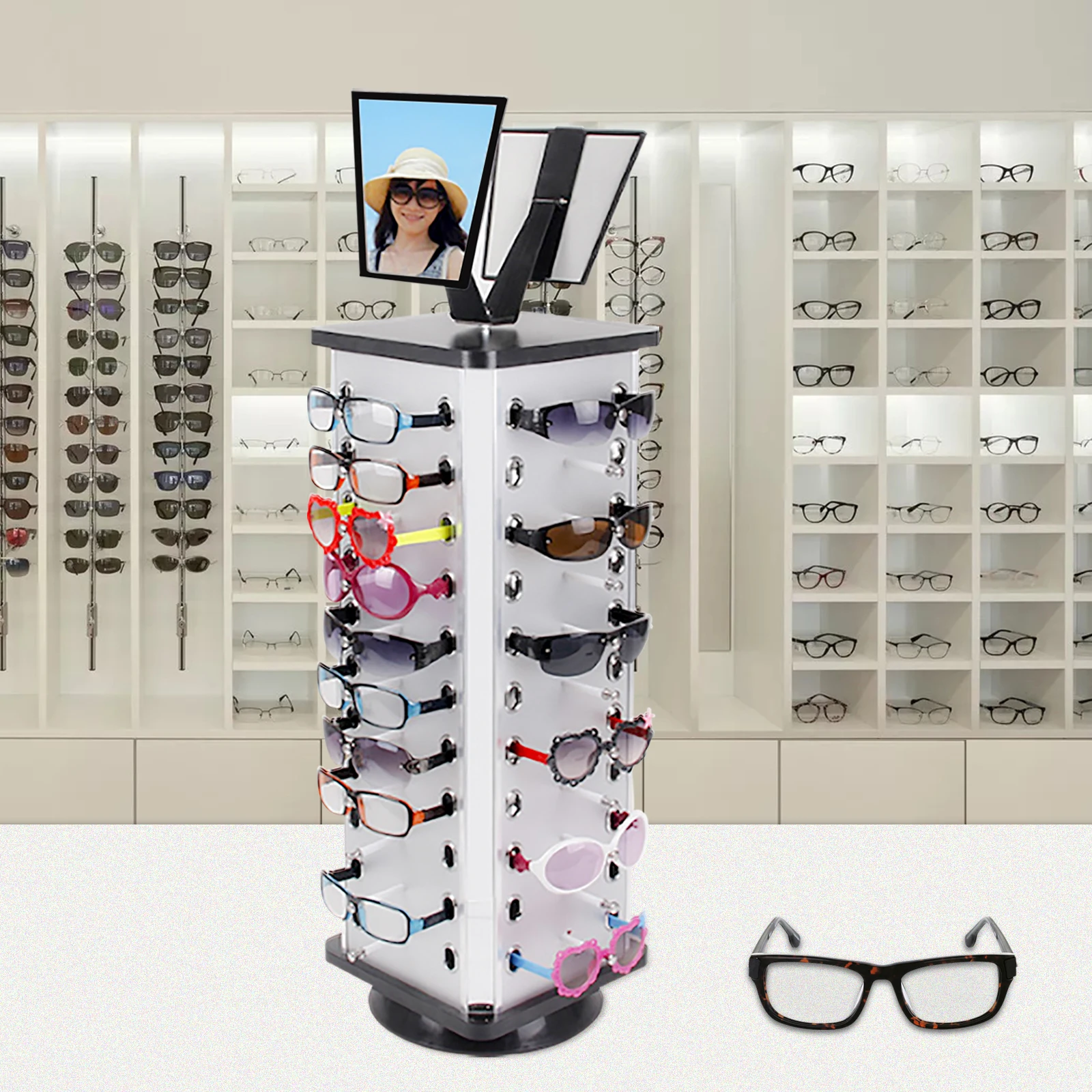 Rotating Sunglass Display Rack with Mirror 44 Pairs Eyeglasses Display Stand Holder Sunglass Carousel Racks for Home or Glasses