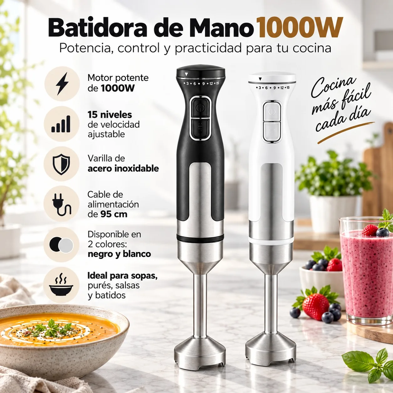 Mixeur plongeant électrique de 1000 W avec 15 vitesses réglables et fonction turbo, bras en acier inoxydable amovible pour préparer des purées, des sa