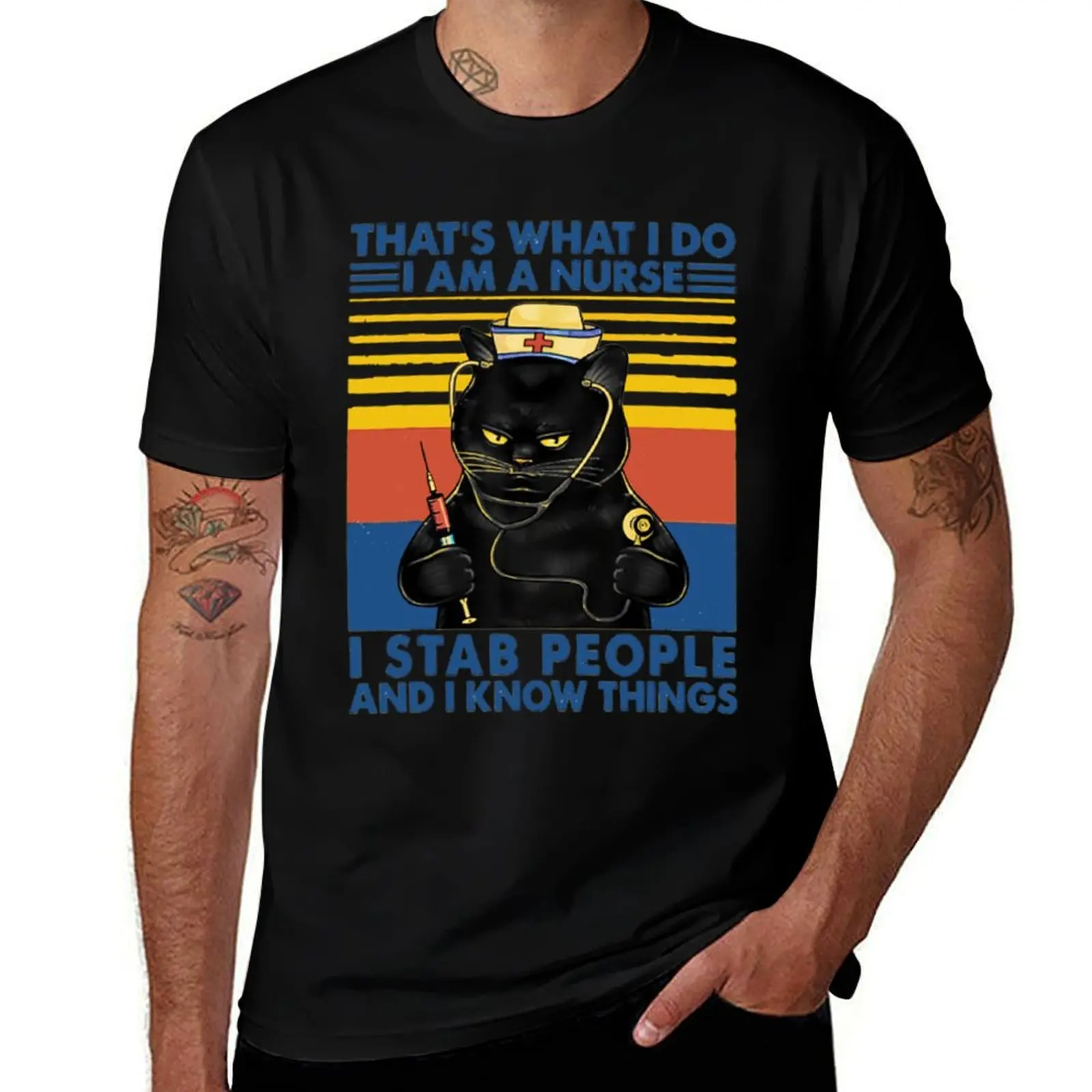 

Thats What I Do I Am A Nurse I Stab People Cat Vintage T-Shirt Outdoor Working T-Shirt