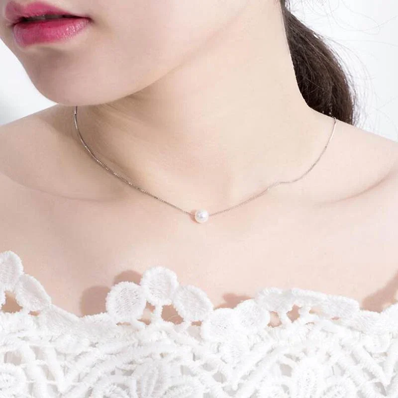 Anglang white/black color Pearl real 925 sterling silver box chains choker pendant necklaces for women Silver 925 jewelry ync041