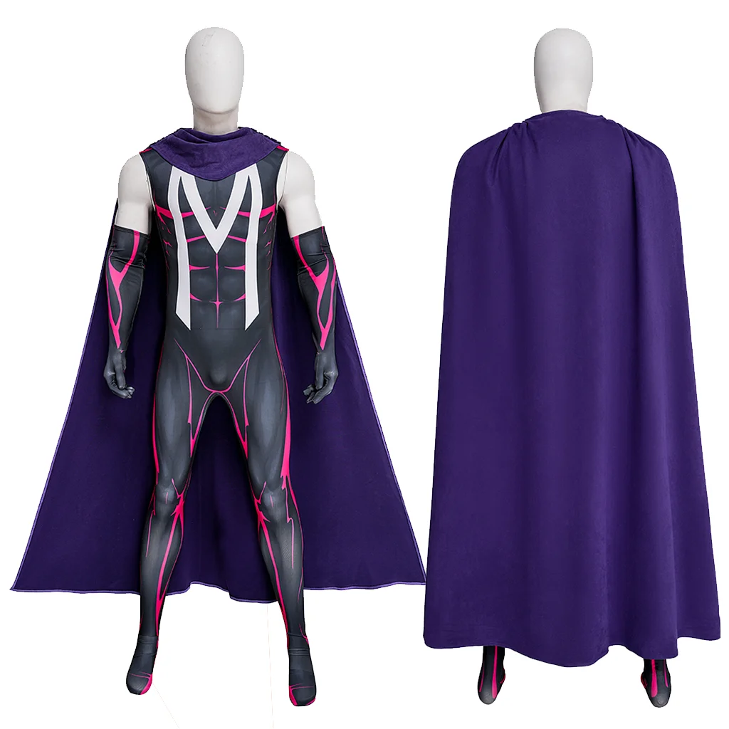 Movie Magneto Cosplay Max Cosplay Purple Bodysuit with Cloak Men Jumpsuit Xman Cosplay Halloween Party Suit