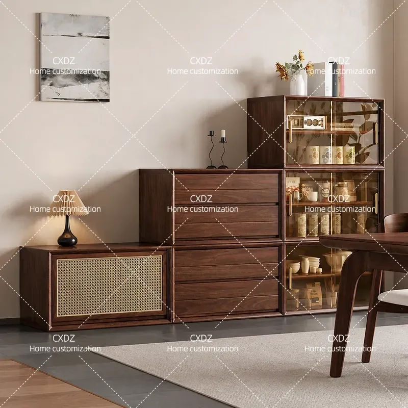 African Black Walnut Solid Wood New Chinese Style Combination Cabinet Bookcase Bedside Table Storage Unit with Rattan and